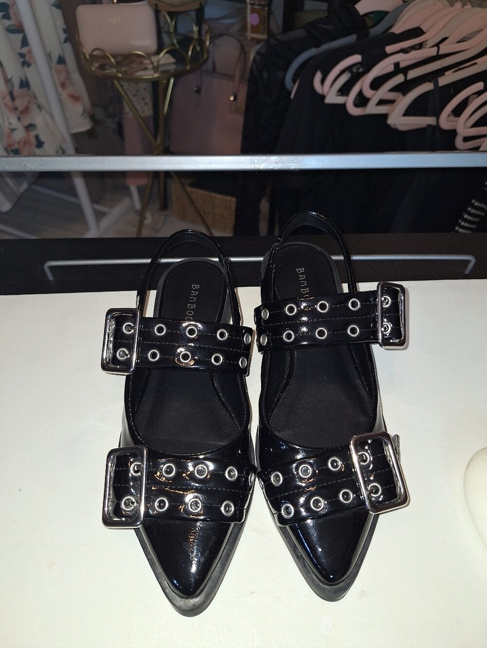 Boohoo Black Patent Pointed Slingback Flats with Buckle Detailing